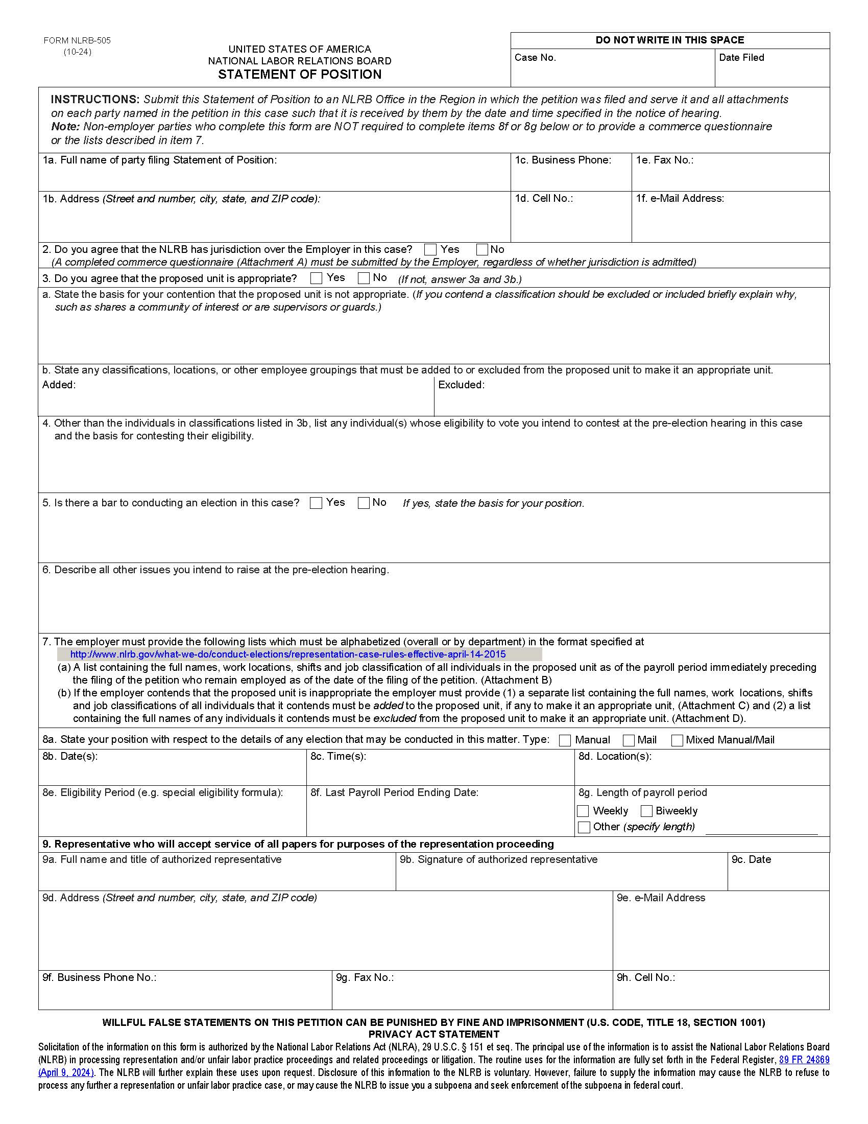 Statement Of Position {NLRB-505} | Pdf Fpdf Doc Docx | Official Federal Forms