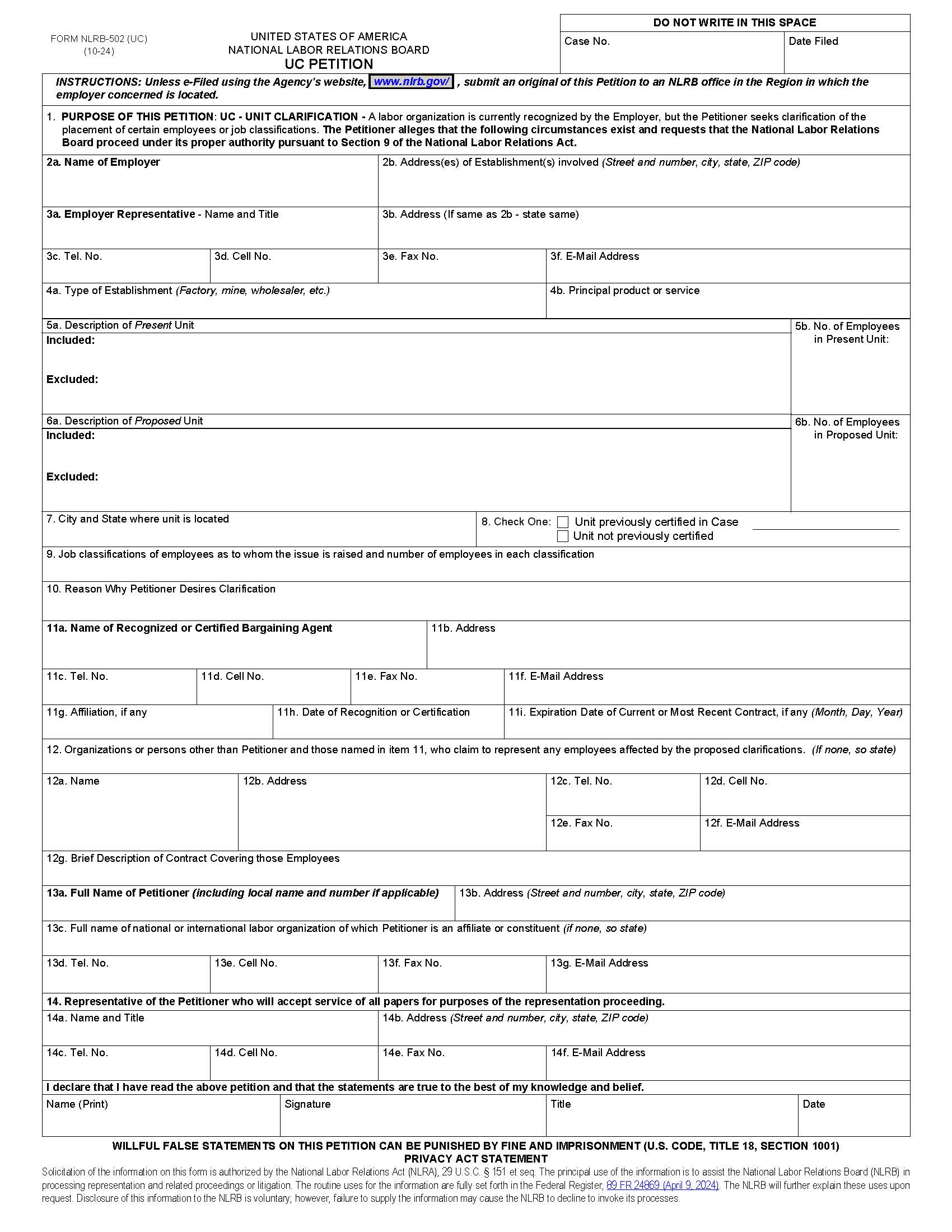 UC Petition {NLRB-502 (UC)} | Pdf Fpdf Docx | Official Federal Forms