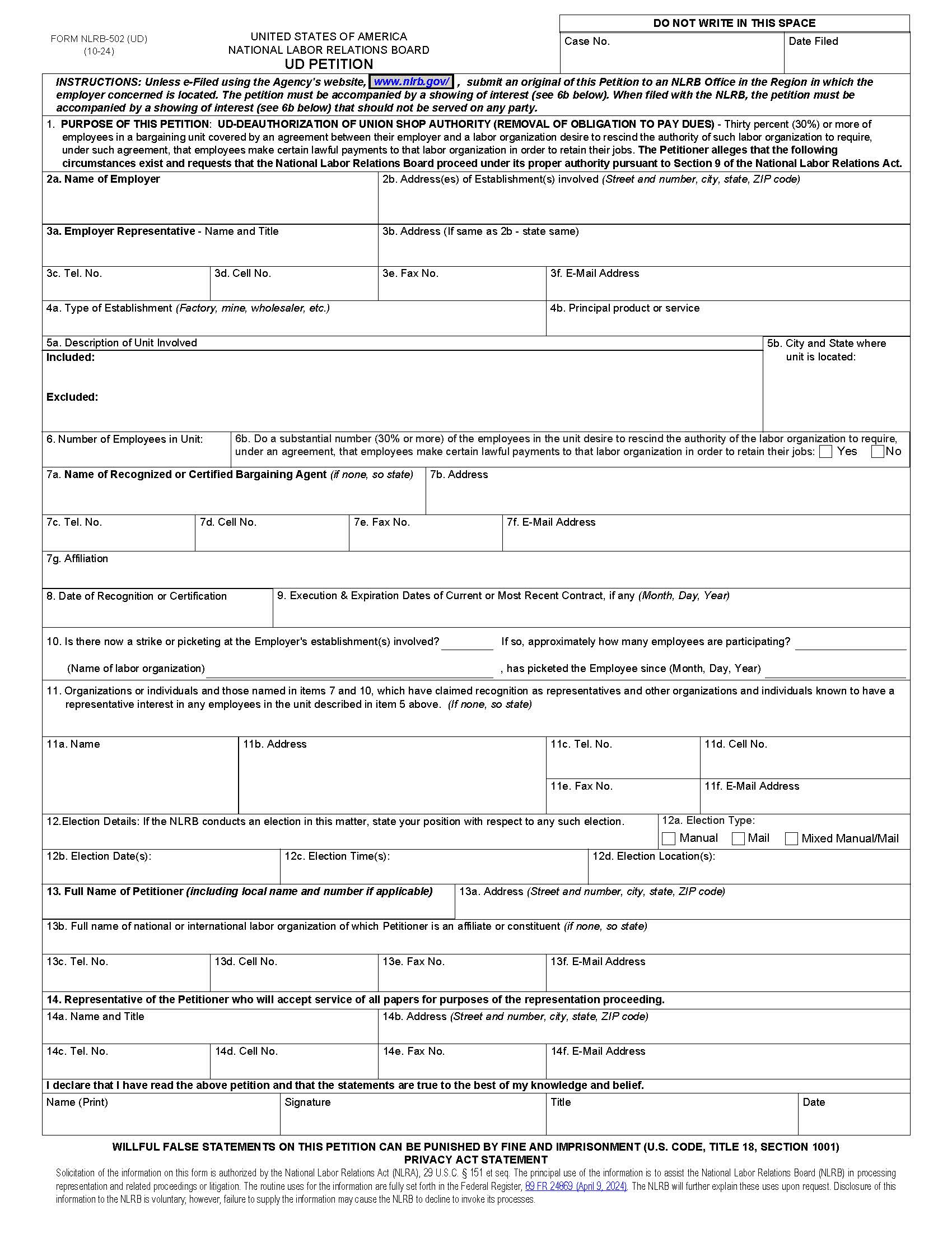 UD Petition {NLRB-502 (UD)} | Pdf Fpdf Docx | Official Federal Forms