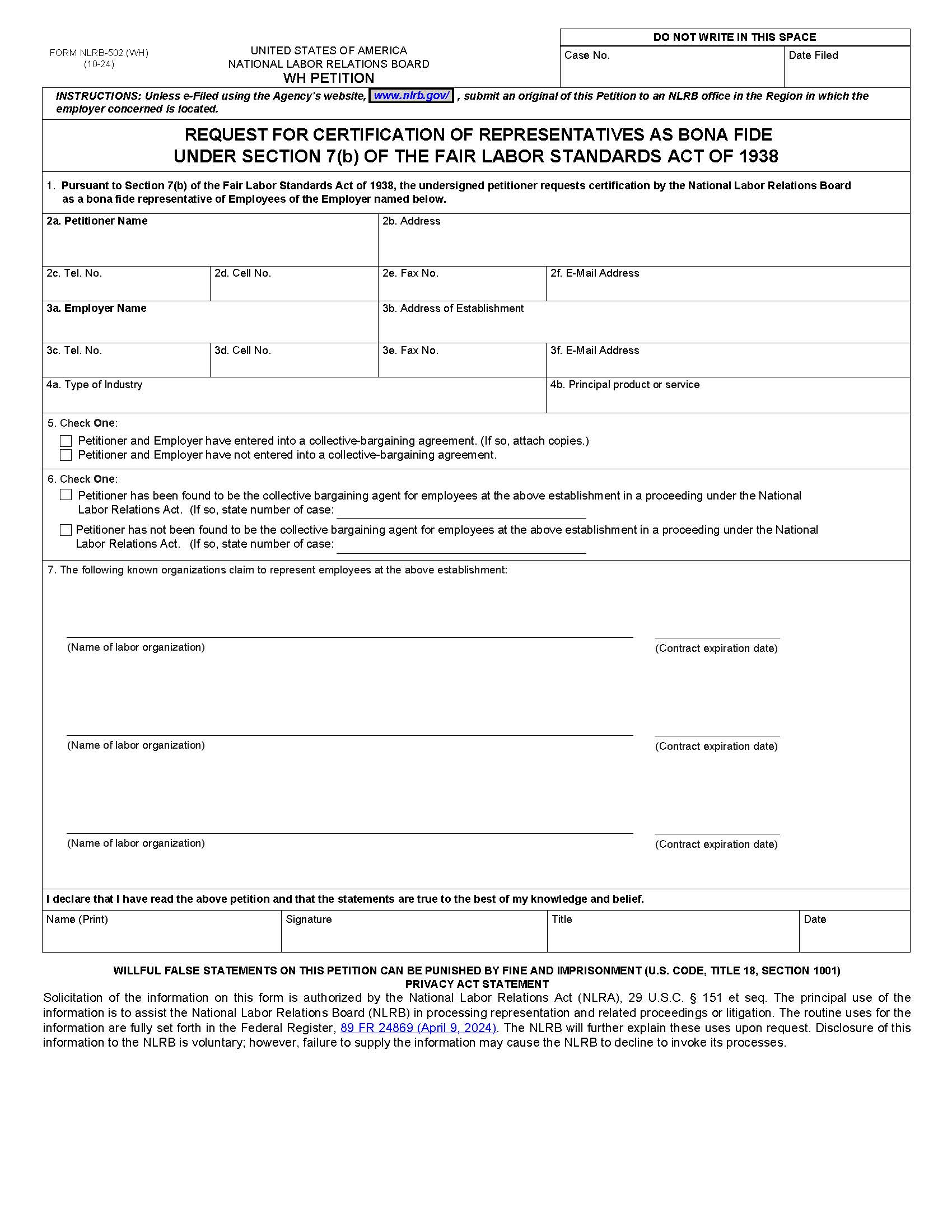 WH Petition {NLRB-502 (WH)} | Pdf Fpdf Docx | Official Federal Forms