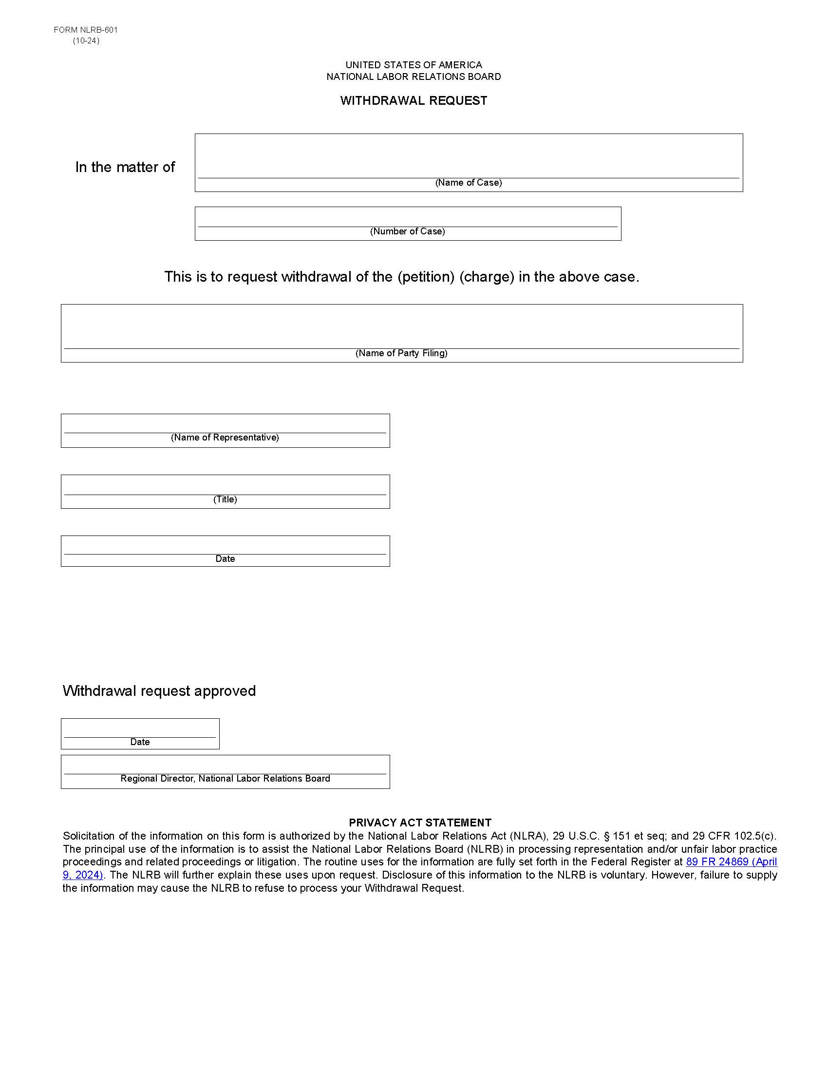 Withdrawal Request {NLRB-601} | Pdf Fpdf Doc Docx | Official Federal Forms