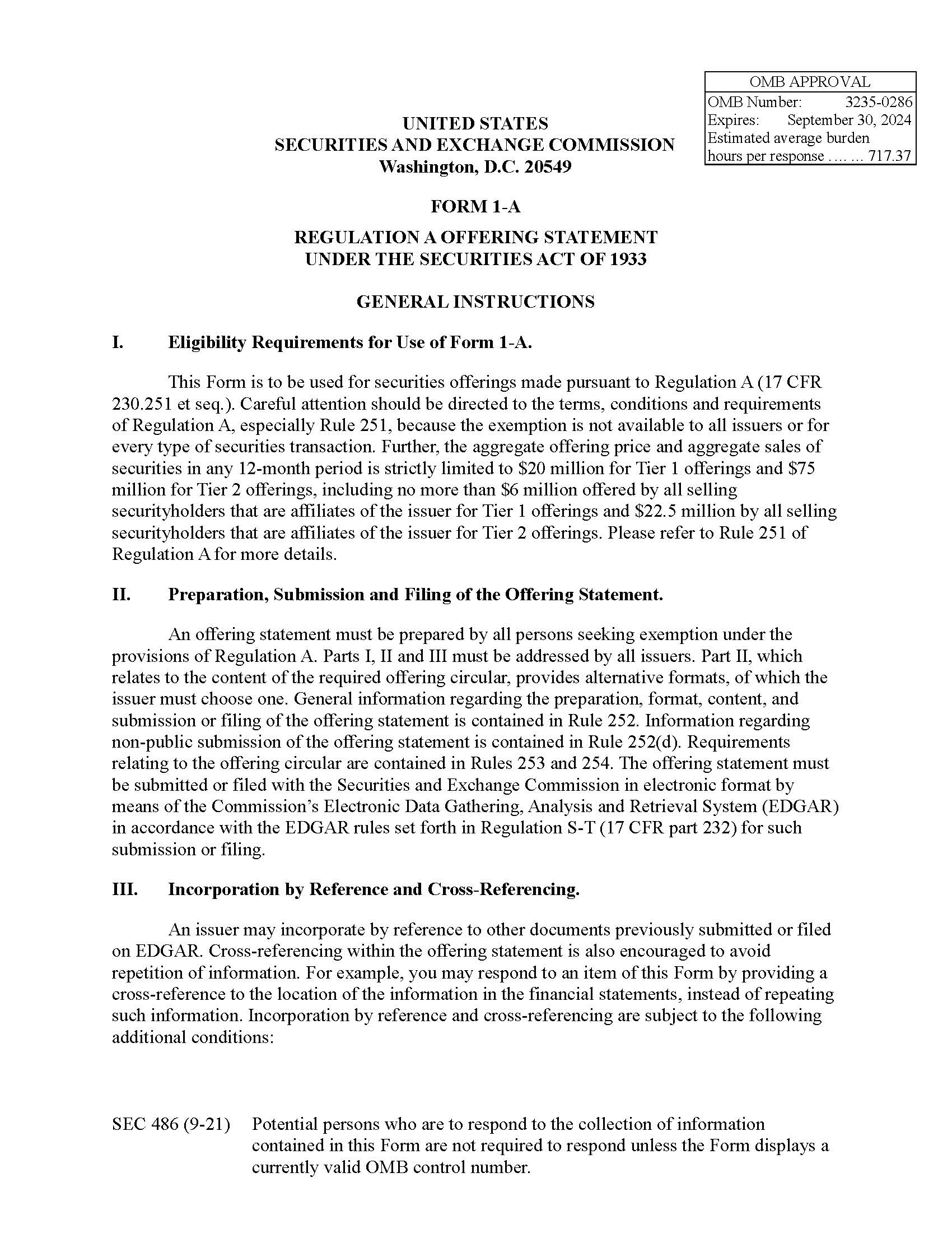 Form 1-A Regulation Offering Statement Under The Securities Act Of 1933 (SEC486) {1-A} | Pdf Fpdf Docx | Official Federal Forms