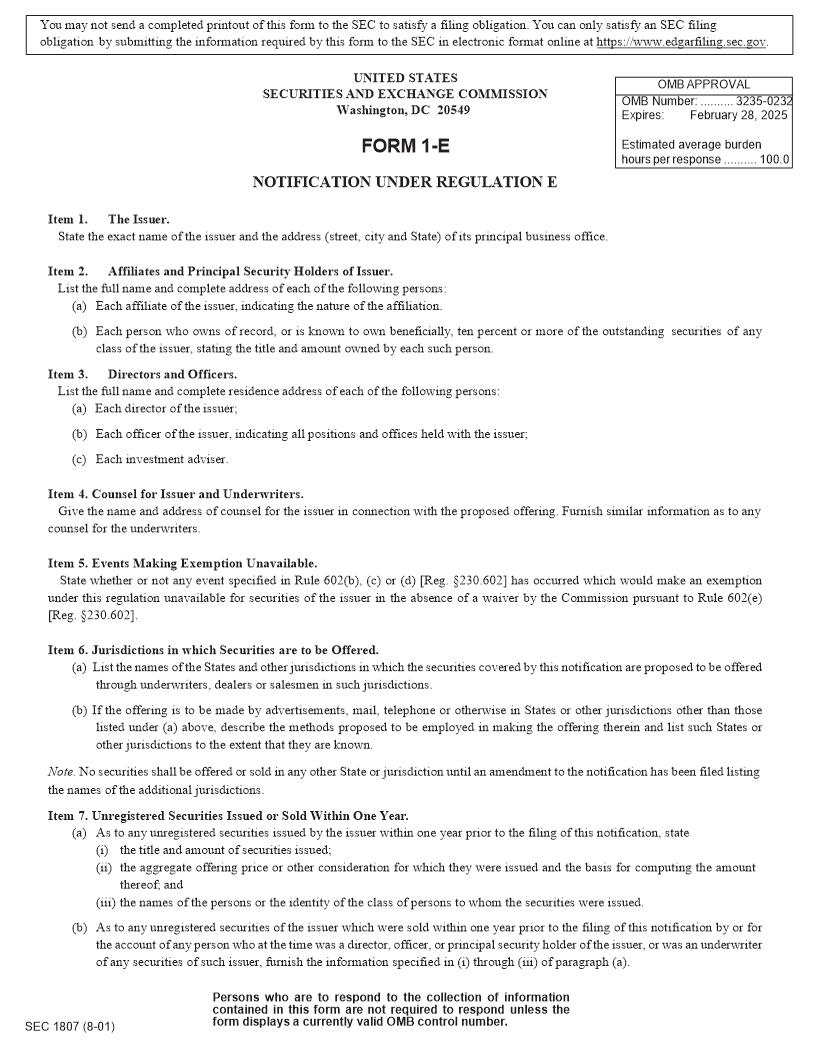 Form 1-E Notification Under Regulation E (SEC1807) {1-E} | Pdf Fpdf Docx | Official Federal Forms