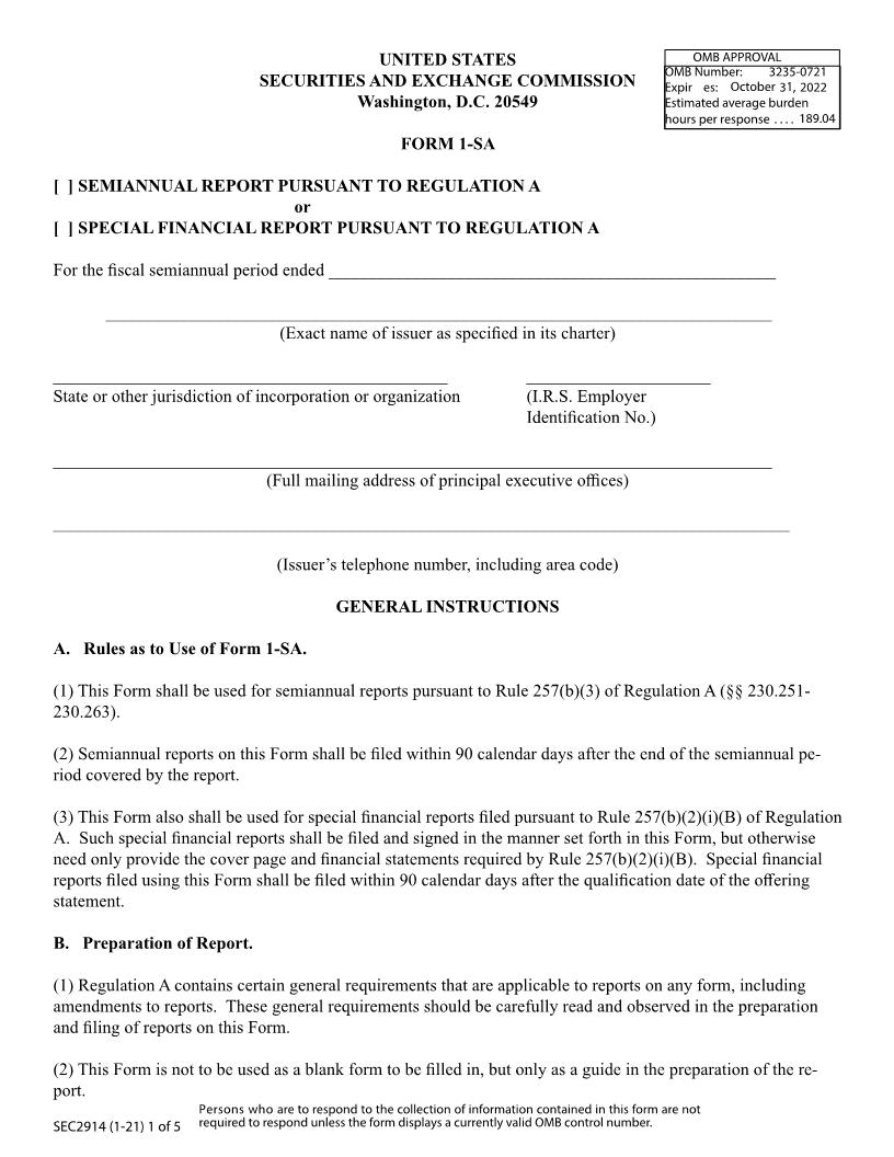 Form 1-SA Semiannual Report Or Special Financial Report Pursuant To Regulation A (SEC2914) {1-SA} | Pdf Fpdf Docx | Official Federal Forms