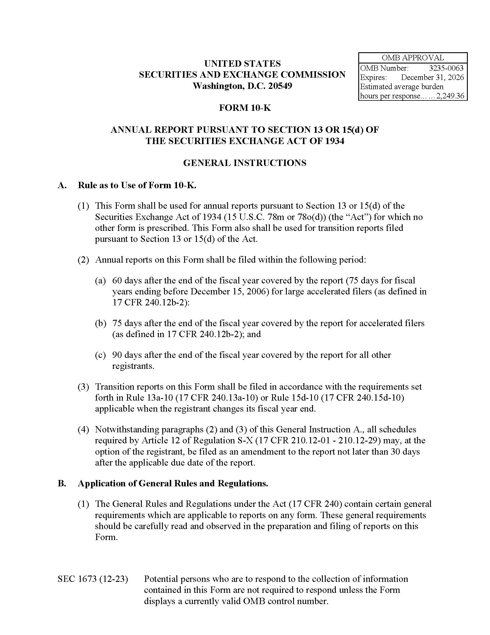 Form 10-K Annual Report Pursuant To Sec 13 Or 15(d) Of The SEA Of 1934 (SEC1673) {10-K} | Pdf Fpdf Docx | Official Federal Forms