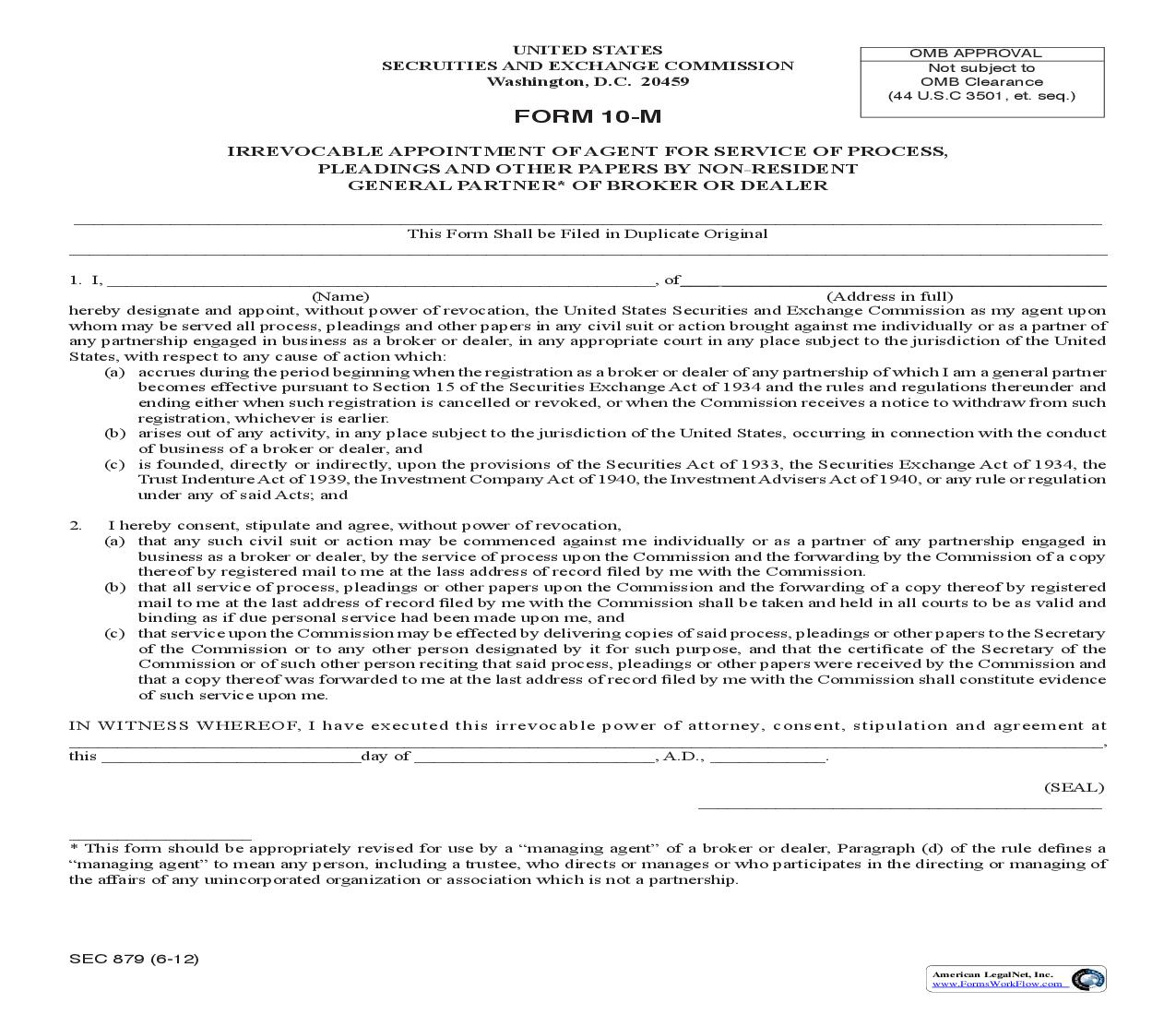 Form 10-M Irrevocable Appointment Of Agent For Service Of Process (General Partner) (SEC879) {10-M} | Pdf Fpdf Doc Docx | Official Federal Forms