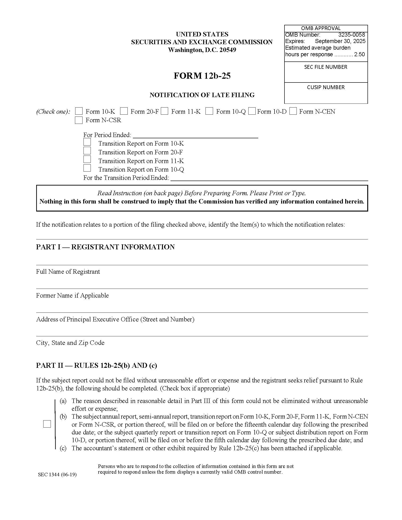Form 12b-25 Notification Of Late Filing (SEC1344) {12b-25} | Pdf Fpdf Docx | Official Federal Forms