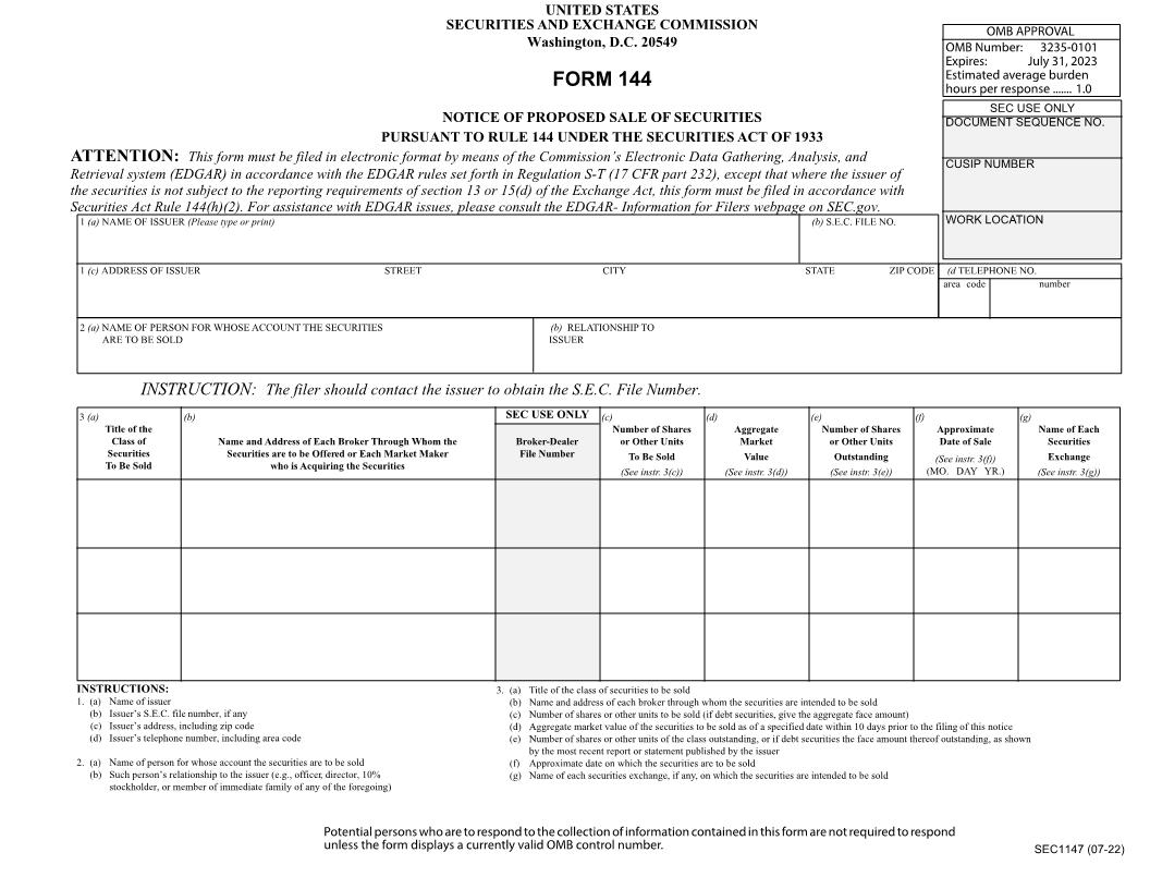 Form 144 Notice Of Proposed Sale Of Securities Pursuant To Rule 144 (SEC1147) {144} | Pdf Fpdf Doc Docx | Official Federal Forms