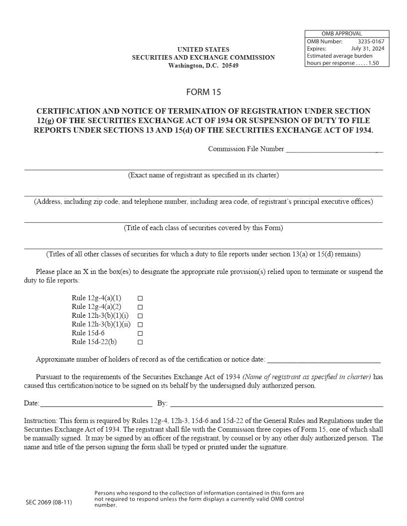 Form 15 Certification And Notice Of Termination Of Registration Under Section 12(g) (SEC2069) {15} | Pdf Fpdf Docx | Official Federal Forms