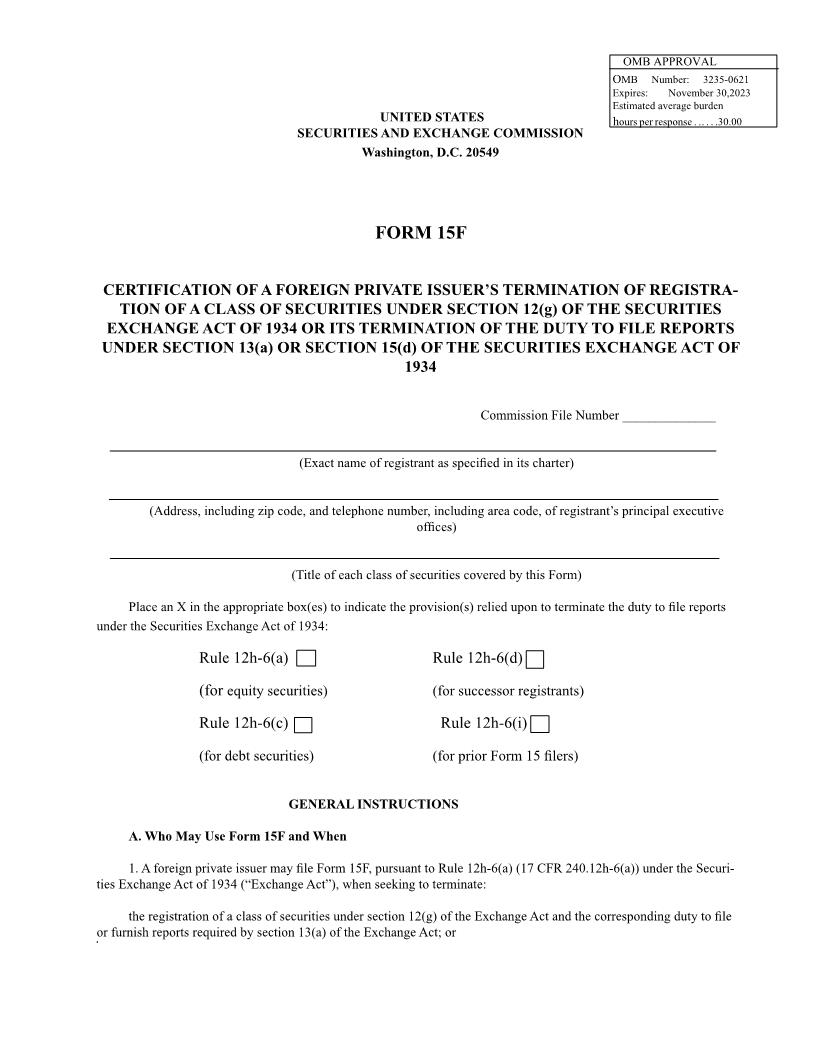 Form 15F Certification Of A Foreign Private Issuers Termination Of Registration {15F} | Pdf Fpdf Doc Docx | Official Federal Forms