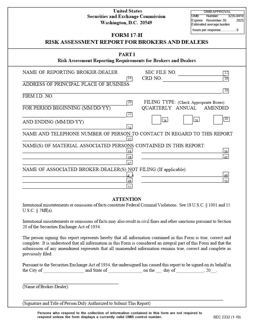 Form 17-H Risk Assessment Report For Brokers And Dealers (SEC2332) {17-H} | Pdf Fpdf Docx | Official Federal Forms
