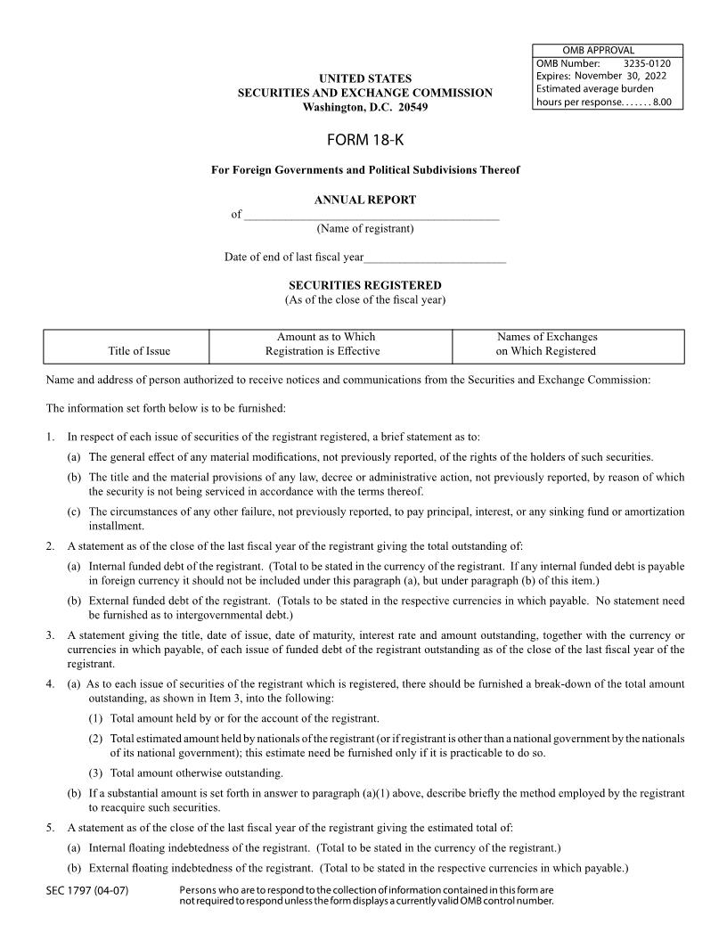 Form 18-K Annual Report For Foreign Governments And Political Subdivisions Thereof (SEC1797) {18-K} | Pdf Fpdf Doc Docx | Official Federal Forms