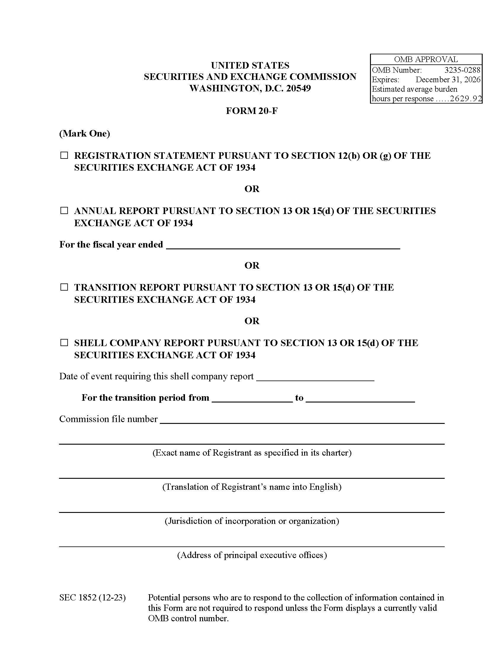 Form 20-F Registration Statement Or Annual Report Or Transition Report (SEC1852) {20-F} | Pdf Fpdf Docx | Official Federal Forms