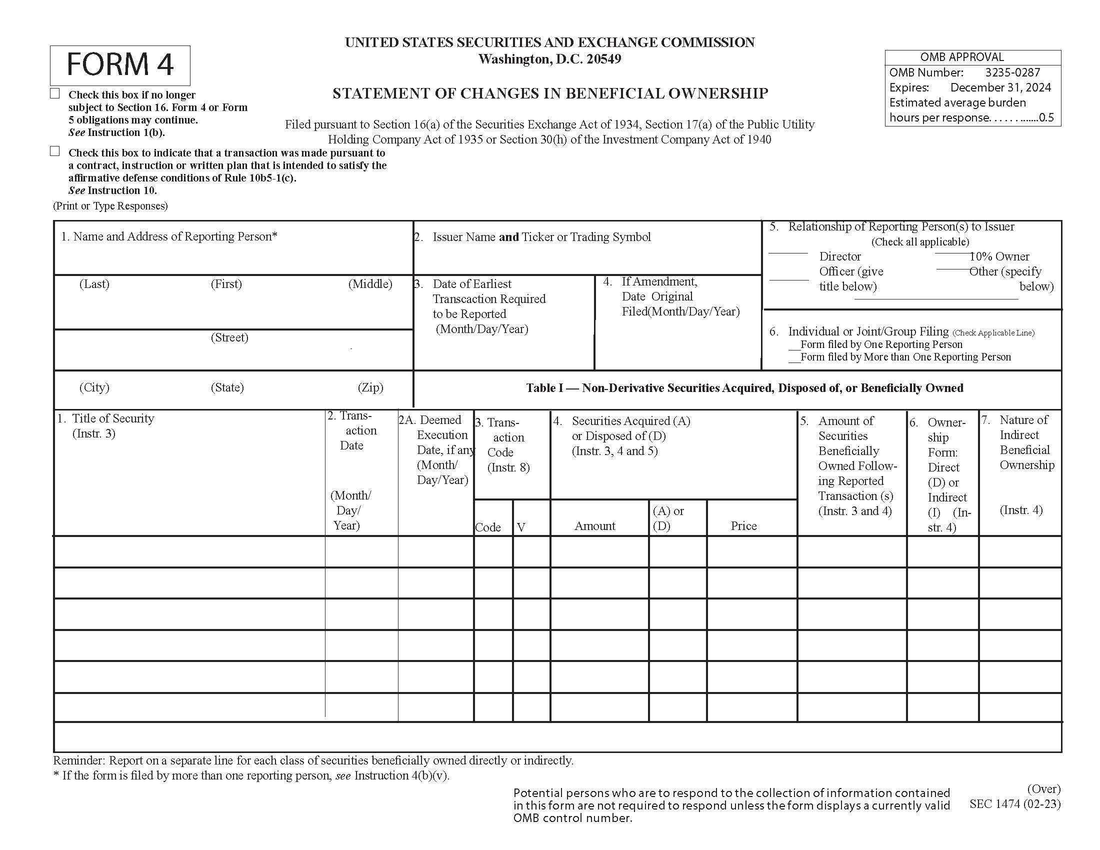 Form 4 Statement Of Changes In Beneficial Ownership Of Securities (SEC1474) {4} | Pdf Fpdf Docx | Official Federal Forms