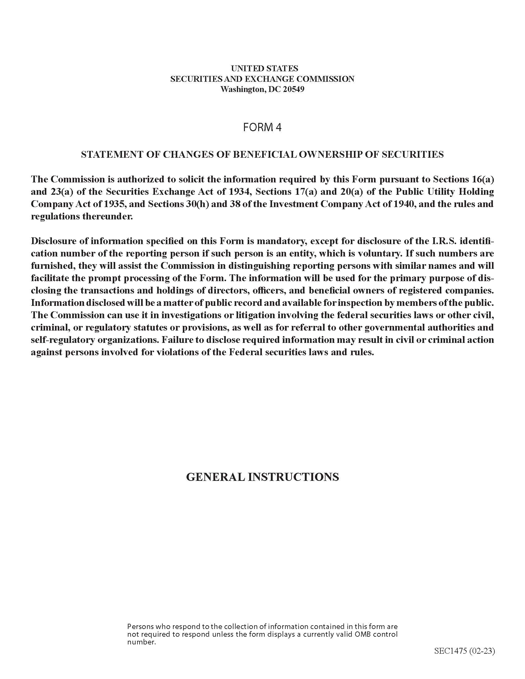 Form 4 Statement Of Changes Of Beneficial Ownership Of Securities Instructions (SEC1475) {4} | Pdf Fpdf Docx | Official Federal Forms