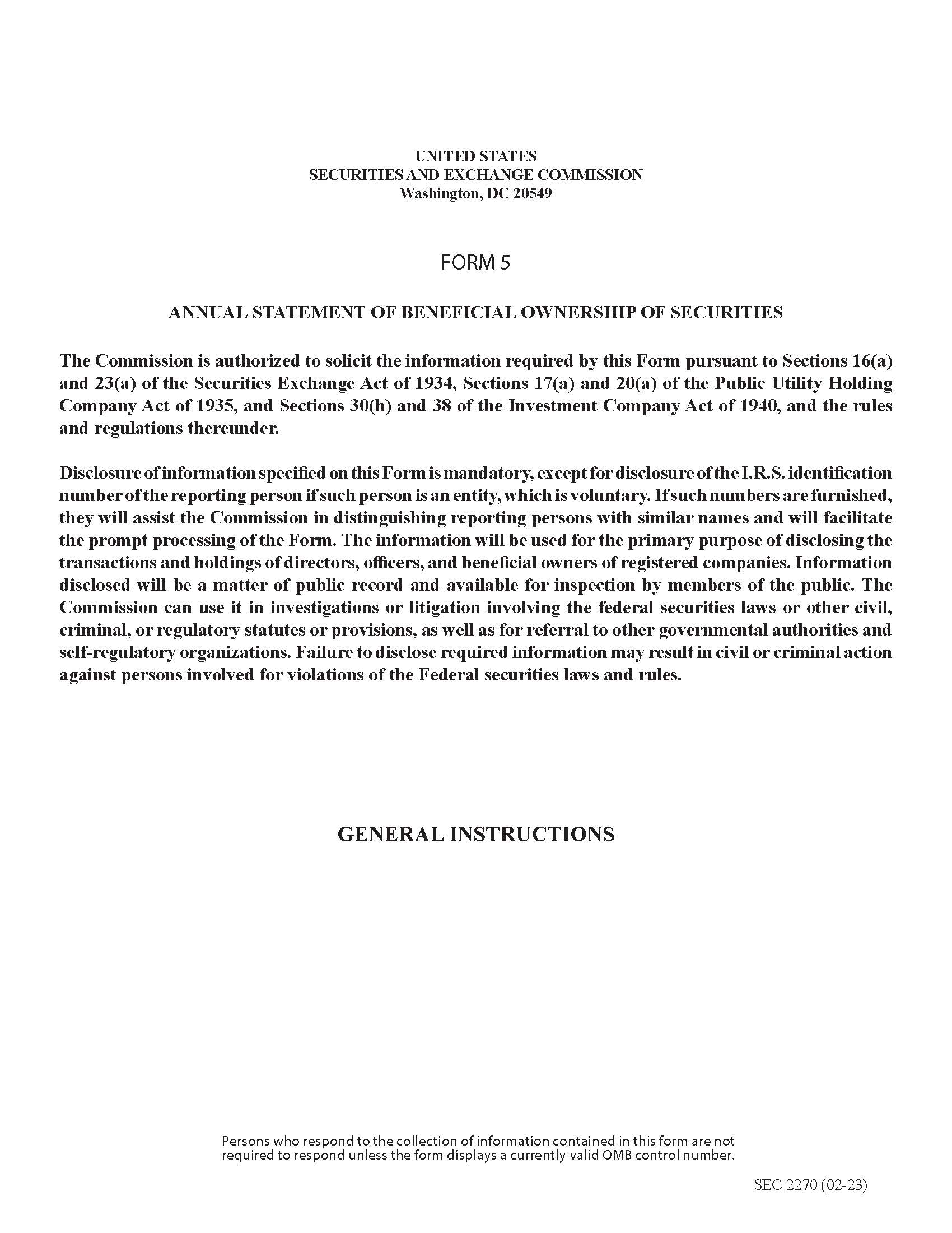Form 5 Annual Statement Of Beneficial Ownership Of Securities (General Instructions) (SEC2270) {5} | Pdf Fpdf Docx | Official Federal Forms