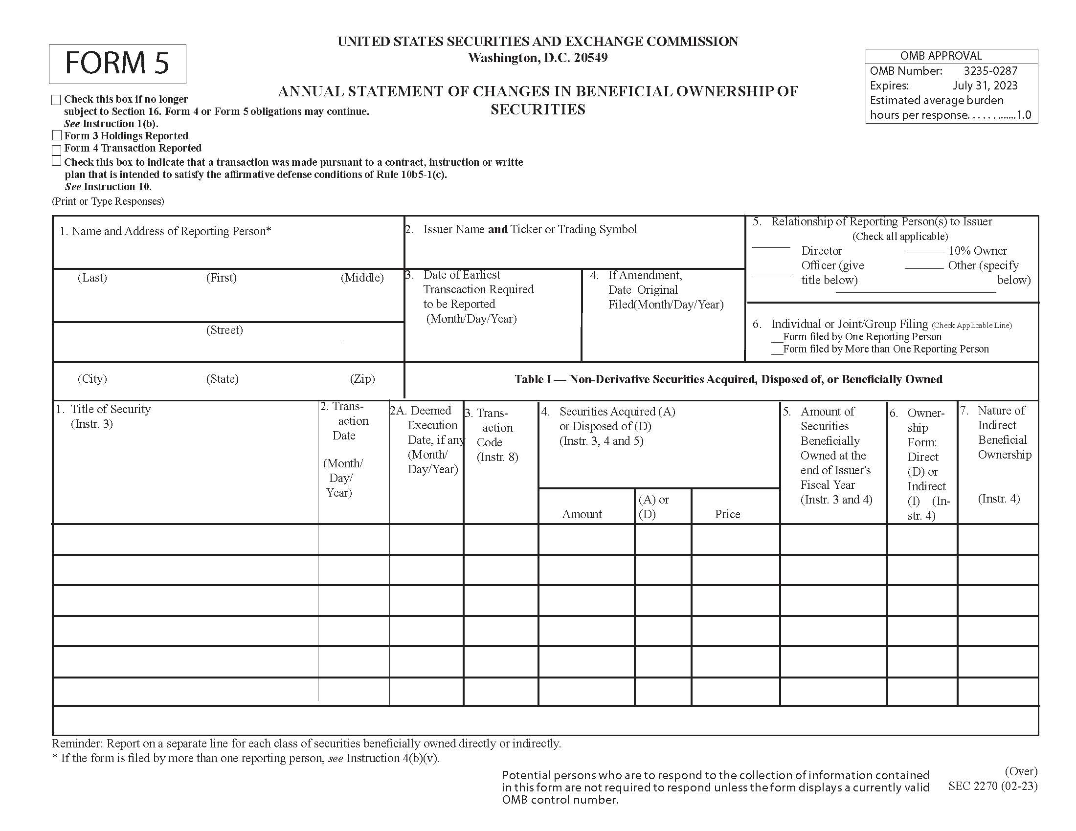 Form 5 Annual Statement Of Changes In Benificial Ownership Of Securities (SEC2270) {5} | Pdf Fpdf Doc Docx | Official Federal Forms