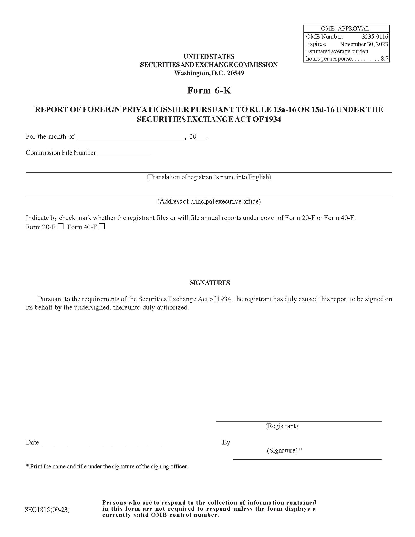 Form 6-K Report Of Foreign Private Issuer Pursuant To Rule 13a-16 Or 15d-16 Under The S.E.A. of 1934 (SEC1815) {6-K} | Pdf Fpdf Docx | Official Federal Forms