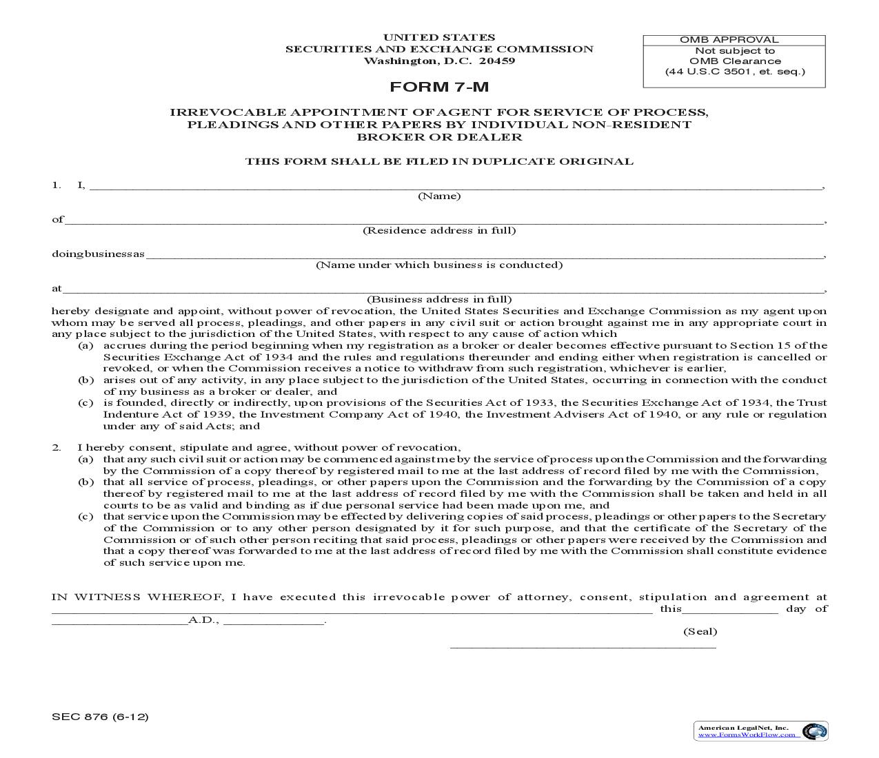 Form 7-M Irrevocable Appointment Of Agent For Service Of Process (Individual) (SEC876) {7-M} | Pdf Fpdf Doc Docx | Official Federal Forms
