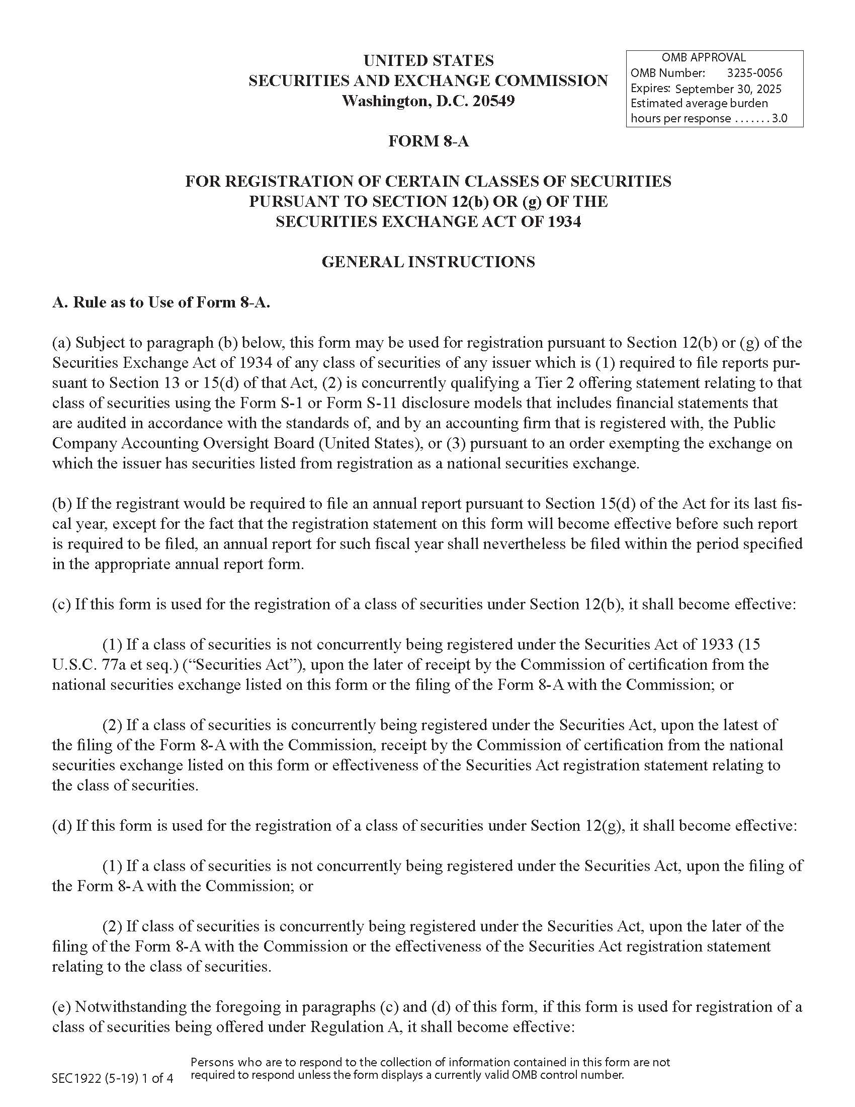Form 8-A For Registration Of Certain Classes Of Securities Pursuant To Section 12(b) Or (g) (SEC1922) {8-A} | Pdf Fpdf Docx | Official Federal Forms