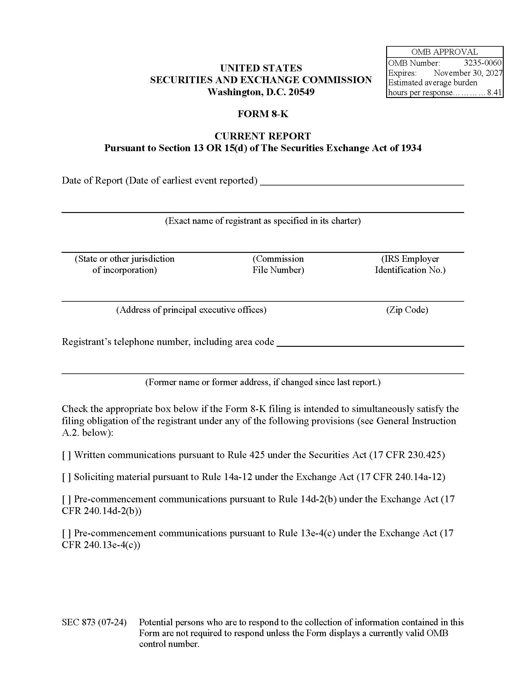 Form 8-K Current Report Pursuant To Section 13 Or 15(d) Of The Securities Exchange Act (SEC873) {8-K} | Pdf Fpdf Docx | Official Federal Forms