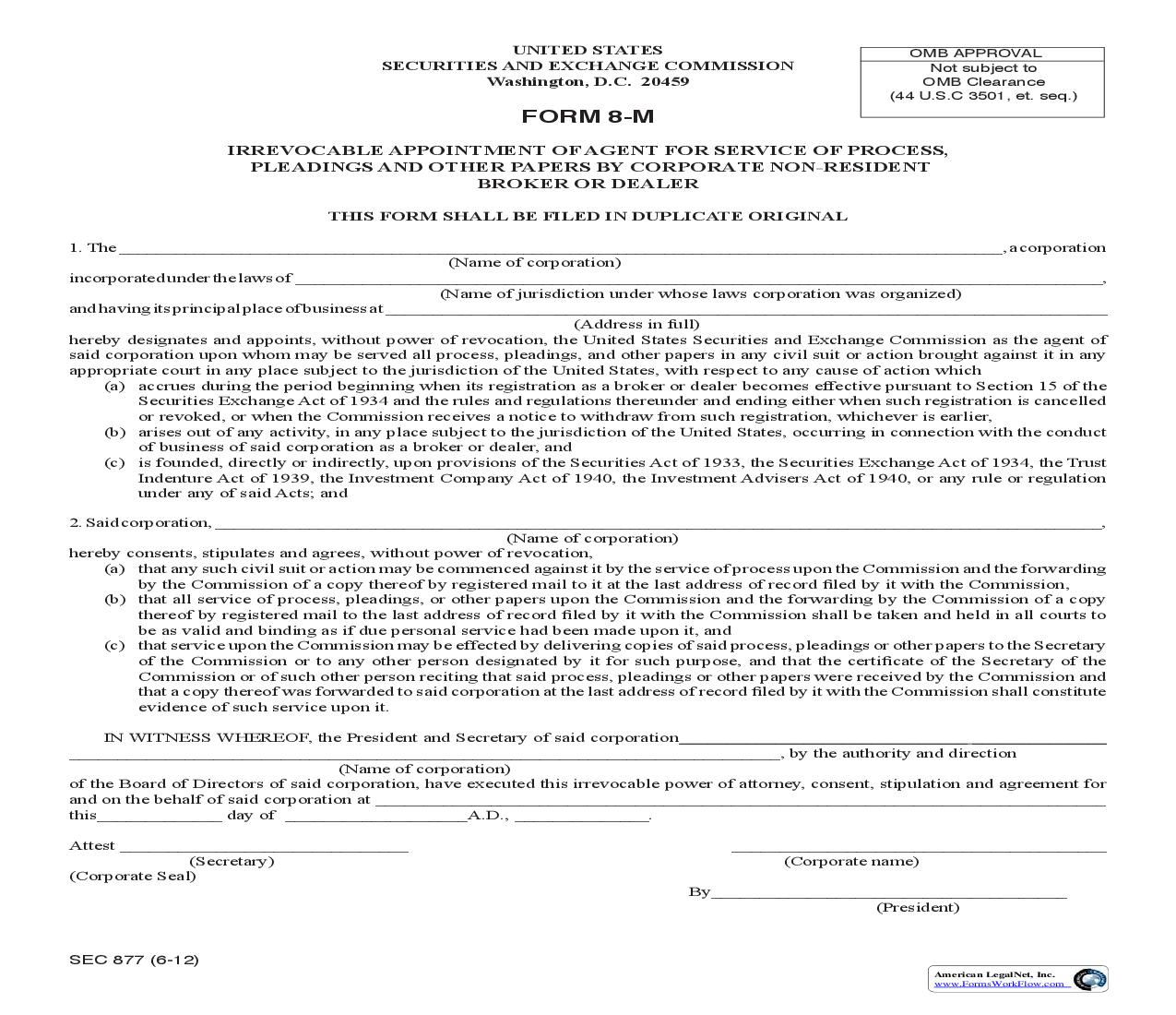 Form 8-M Irrevocable Appointment Of Agent For Service Of Process (Corporate) (SEC877) {8-M} | Pdf Fpdf Doc Docx | Official Federal Forms