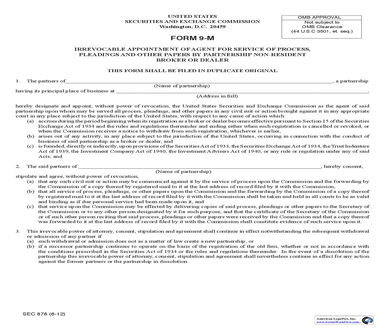 Form 9-M Irrevocable Appointment Of Agent For Service Of Process (Partnership) (SEC878) {9-M} | Pdf Fpdf Doc Docx | Official Federal Forms