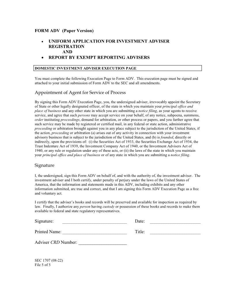 Form ADV (Paper Version) Uniform Application For Investment Adviser Registration (Execution Pages) (SEC1707) {ADV} | Pdf Fpdf Docx | Official Federal Forms