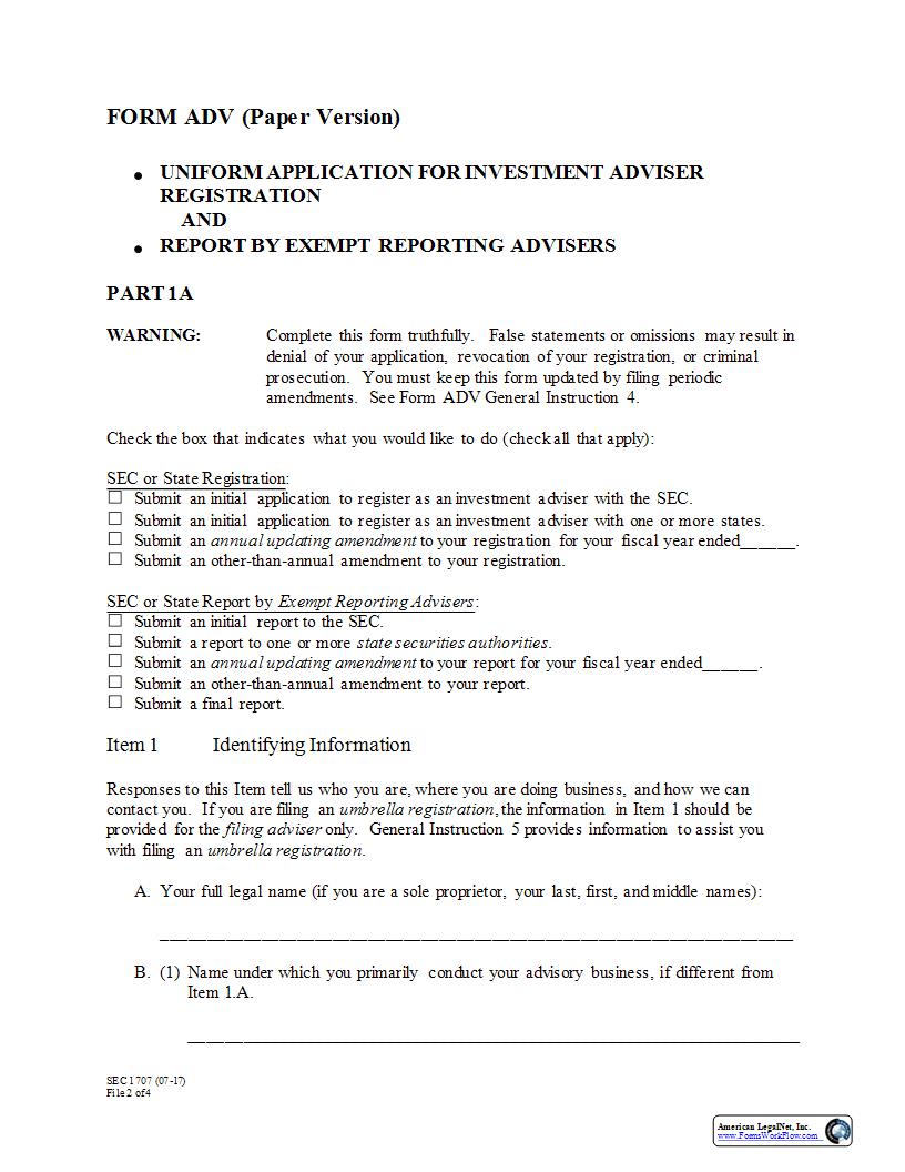 Form ADV (Paper Version) Uniform Application For Investment Adviser Registration (Part 1A) (SEC1707) {ADV} | Pdf Fpdf Docx | Official Federal Forms