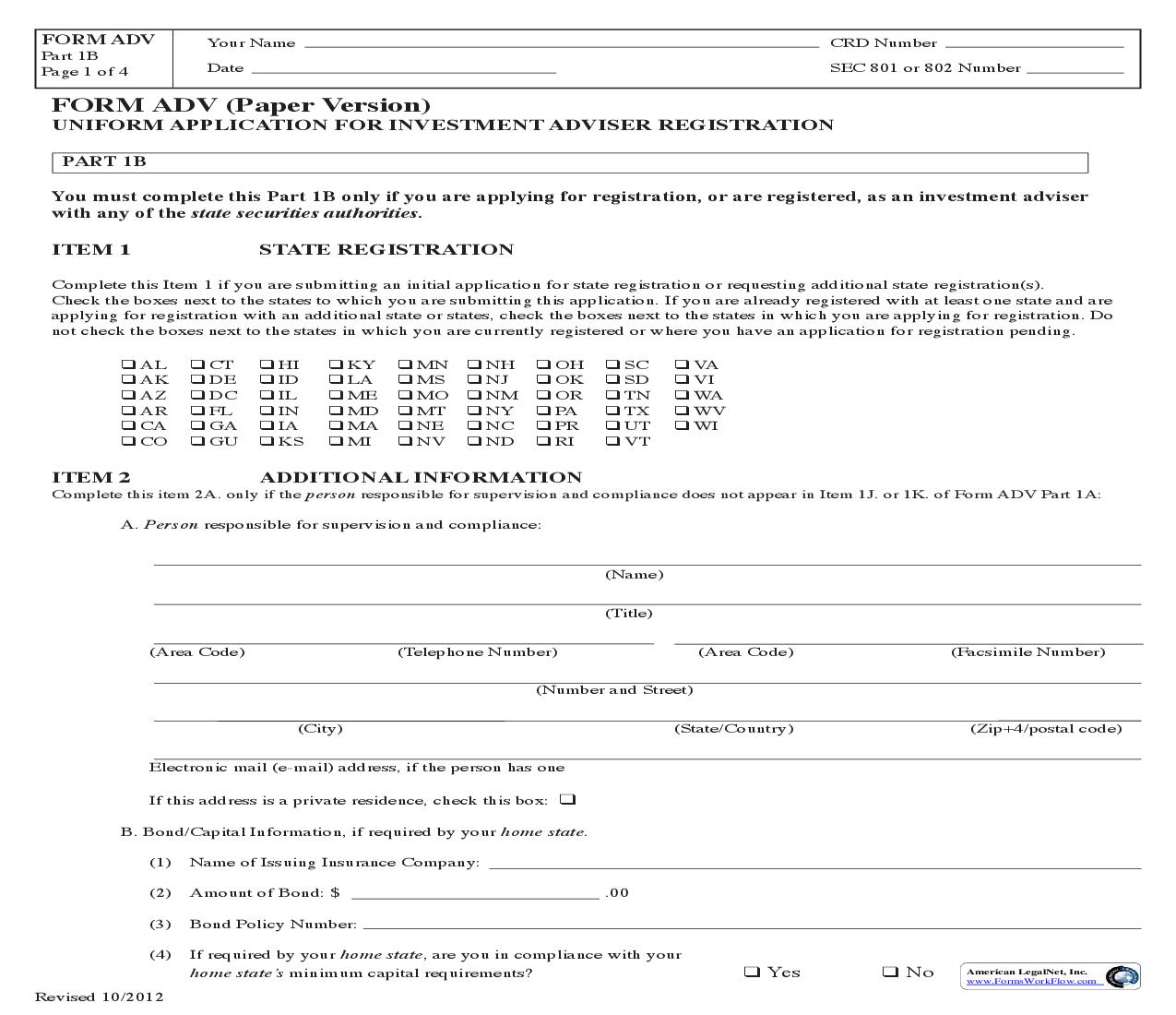 Form ADV (Paper Version) Uniform Application For Investment Adviser Registration (Part 1B) (SEC1707) {ADV} | Pdf Fpdf Doc Docx | Official Federal Forms