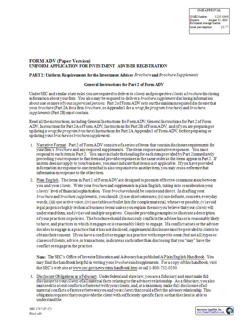 Form ADV (Paper Version) Uniform Application For Investment Adviser Registration (Part 2) (SEC1707) {ADV} | Pdf Fpdf Docx | Official Federal Forms