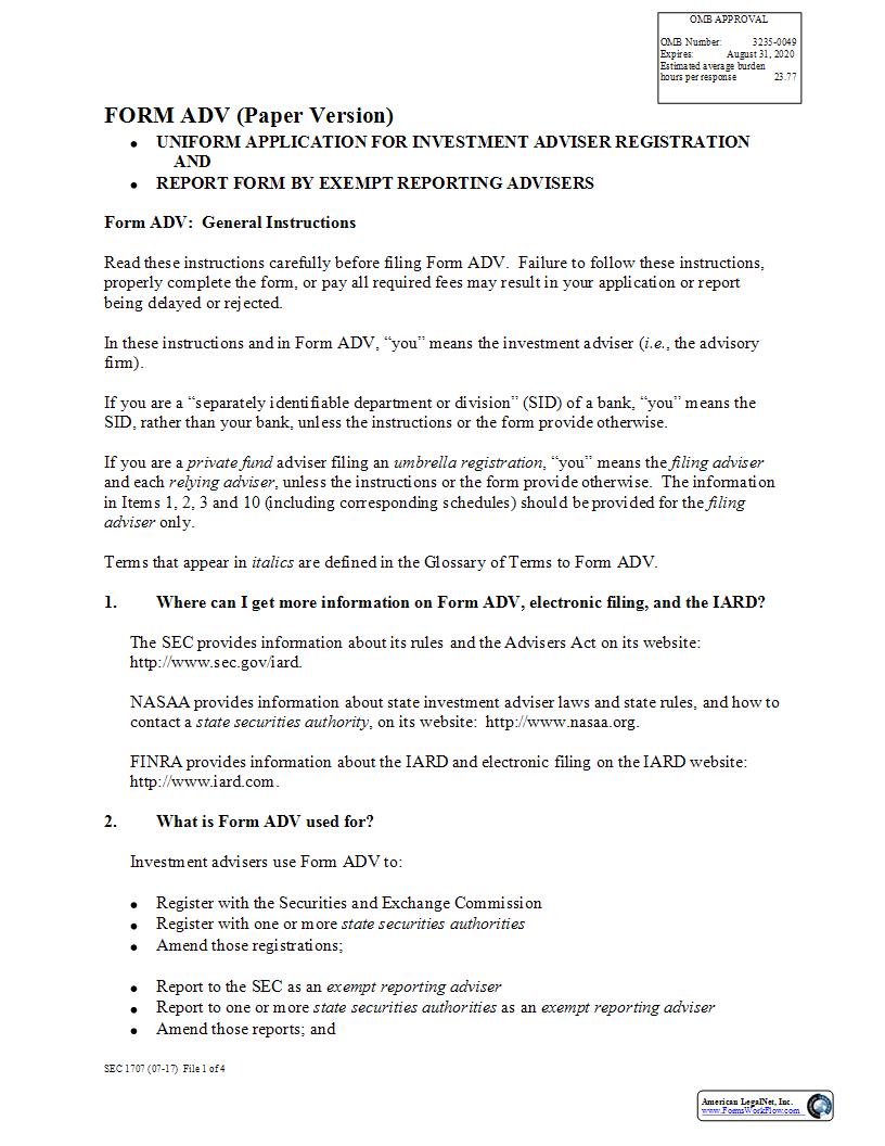 Form ADV (Paper Version) Uniform Application For Investment Adviser Registration (SEC1707) {ADV} | Pdf Fpdf Docx | Official Federal Forms