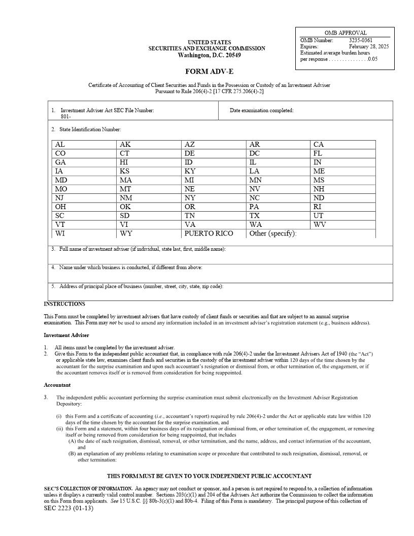 Form ADV-E Certificate Of Accounting Of Client Securities And Funds (SEC2223) {ADV-E} | Pdf Fpdf Docx | Official Federal Forms