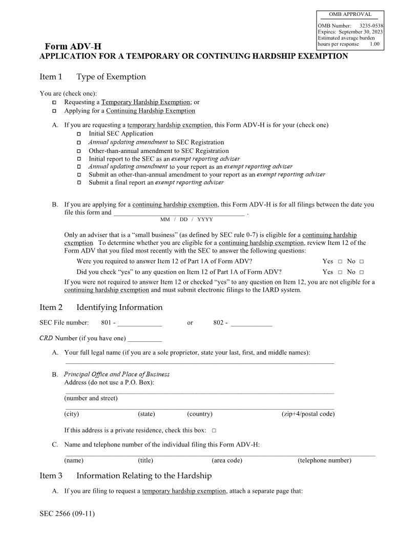 Form ADV-H Application For A Temporary Or Continuing Hardship Exemption (SEC2566) {ADV-H} | Pdf Fpdf Doc Docx | Official Federal Forms
