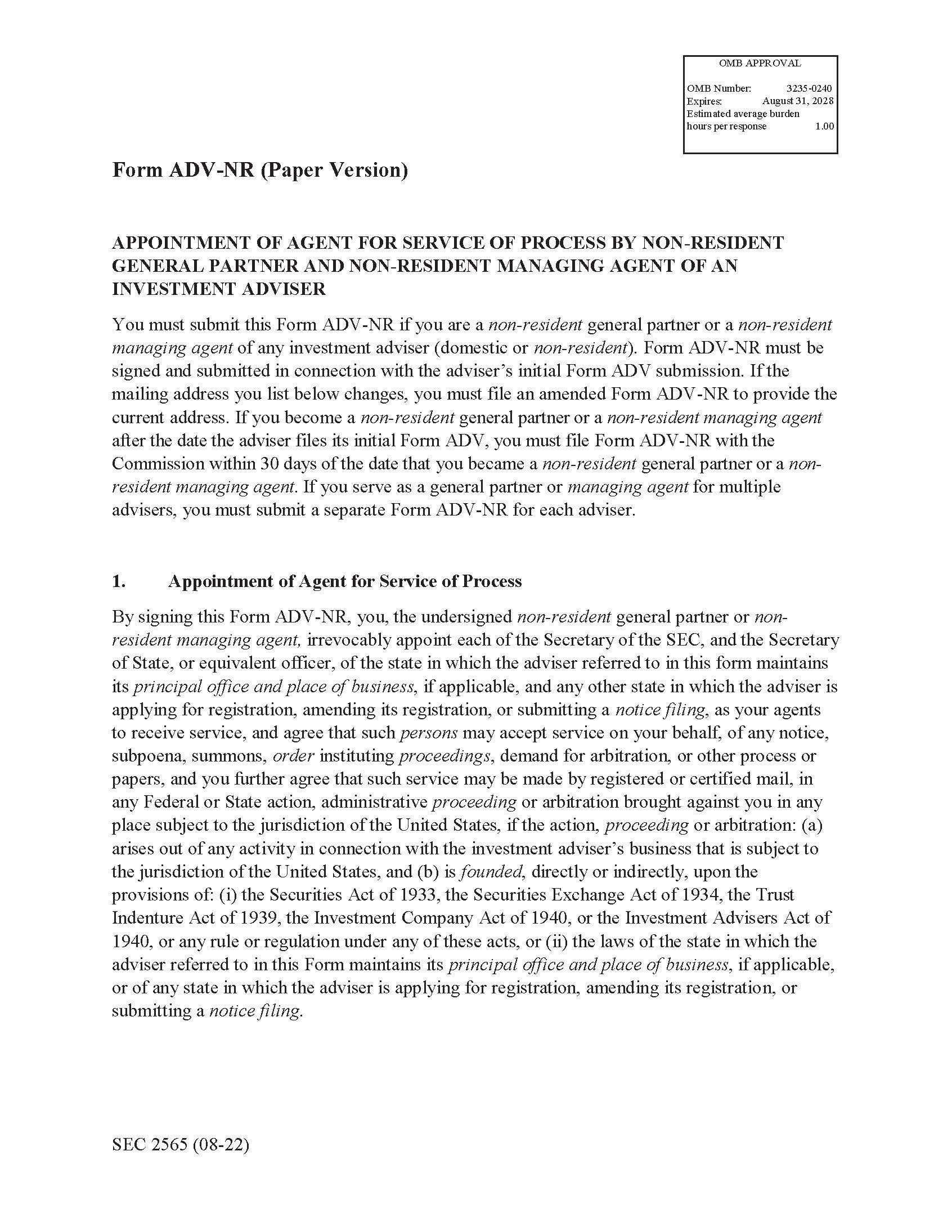 Form ADV-NR Appointment Of Agent For Service Of Process By Non-Resident (SEC2565) {ADV-NR} | Pdf Fpdf Doc Docx | Official Federal Forms