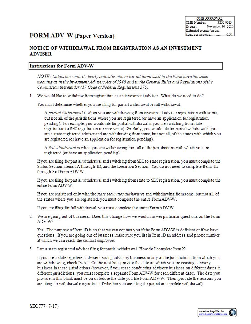 Form ADV-W (Paper Version) Notice Of Withdrawal From Registration (SEC777) {ADV-W} | Pdf Fpdf Doc Docx | Official Federal Forms