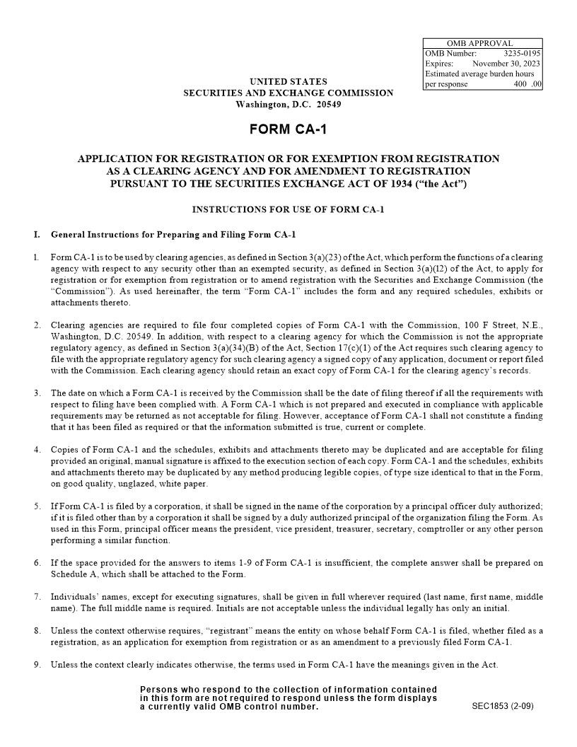 Form CA-1 Application For Registration Or Exemption From Registration As A Clearing Agency (SEC1853) {CA-1} | Pdf Fpdf Doc Docx | Official Federal Forms