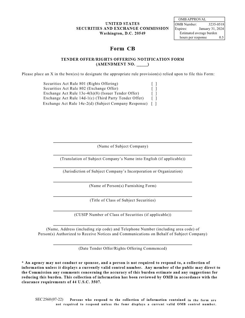 Form CB Tender Offer-Rights Offering Notification Form (SEC2560) {CB} | Pdf Fpdf Doc Docx | Official Federal Forms