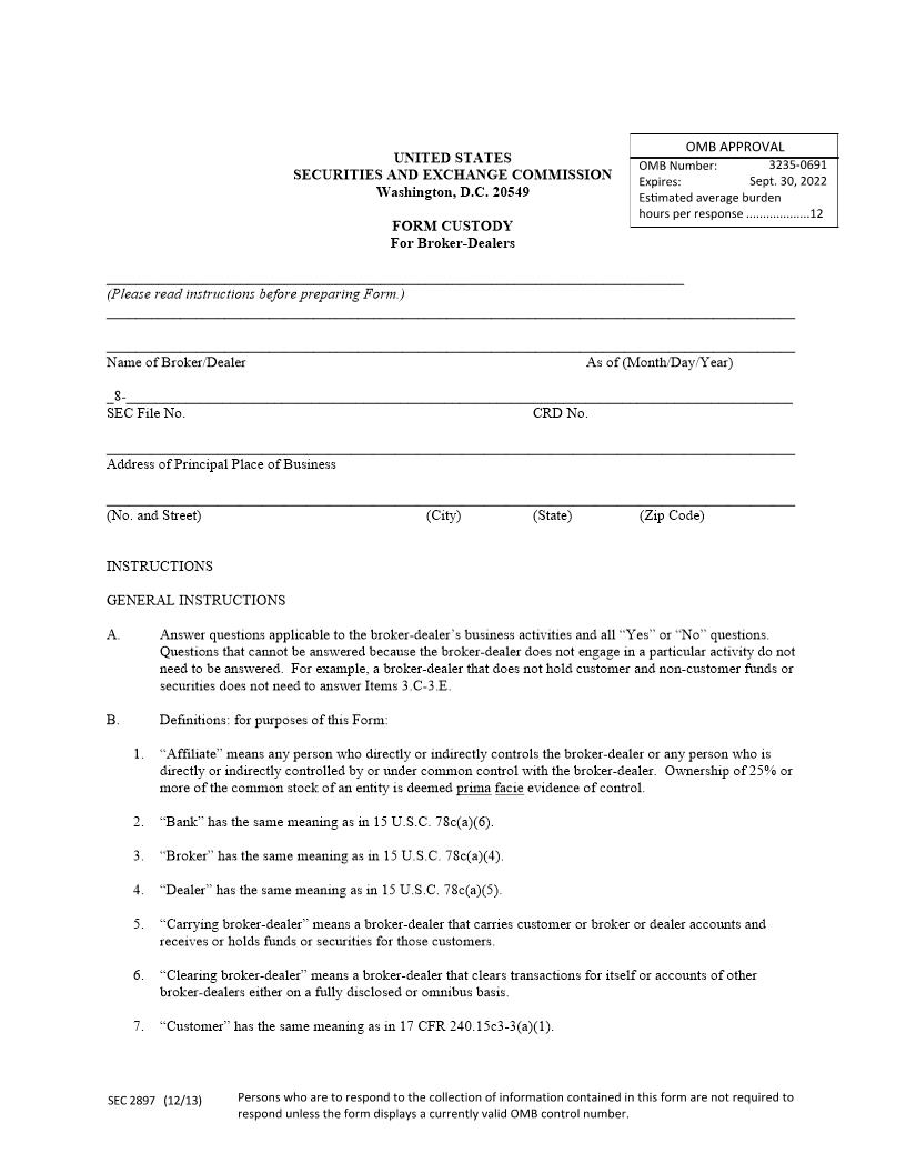Form CUSTODY For Broker Dealers (SEC2897) {CUSTODY} | Pdf Fpdf Docx | Official Federal Forms