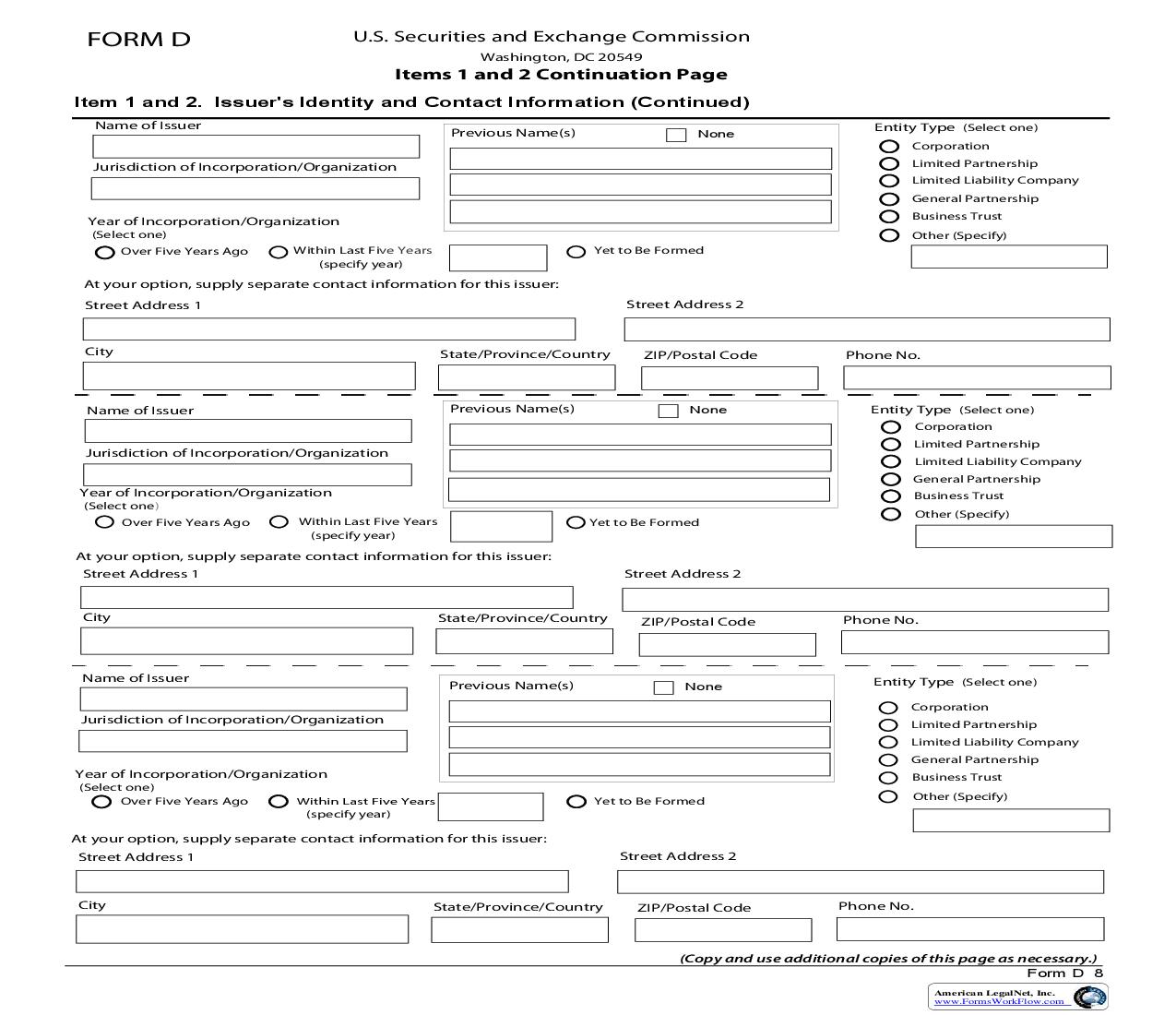 Form D Items 1 And 2 Continuation Page Issuers Identity And Contact Information {D} | Pdf Fpdf Doc Docx | Official Federal Forms