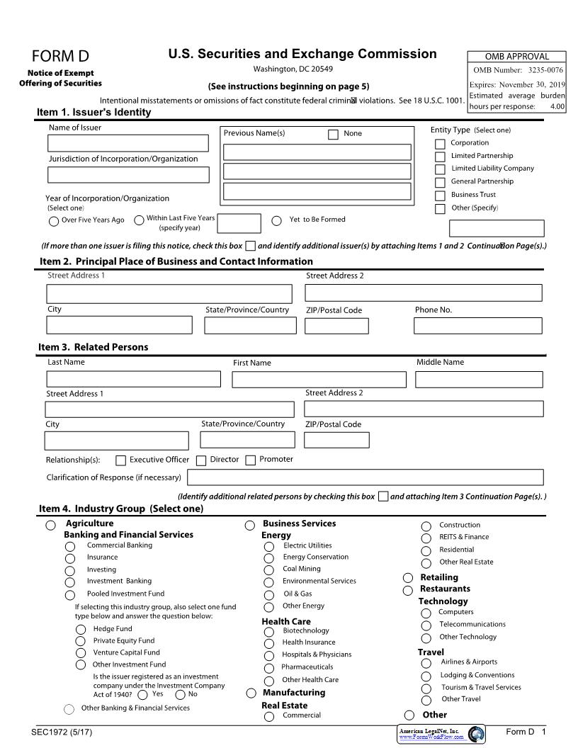 Form D Notice Of Sale Of Securities Pursuant To Regulation D Section 4(6) (SEC1972) {D} | Pdf Fpdf Doc Docx | Official Federal Forms