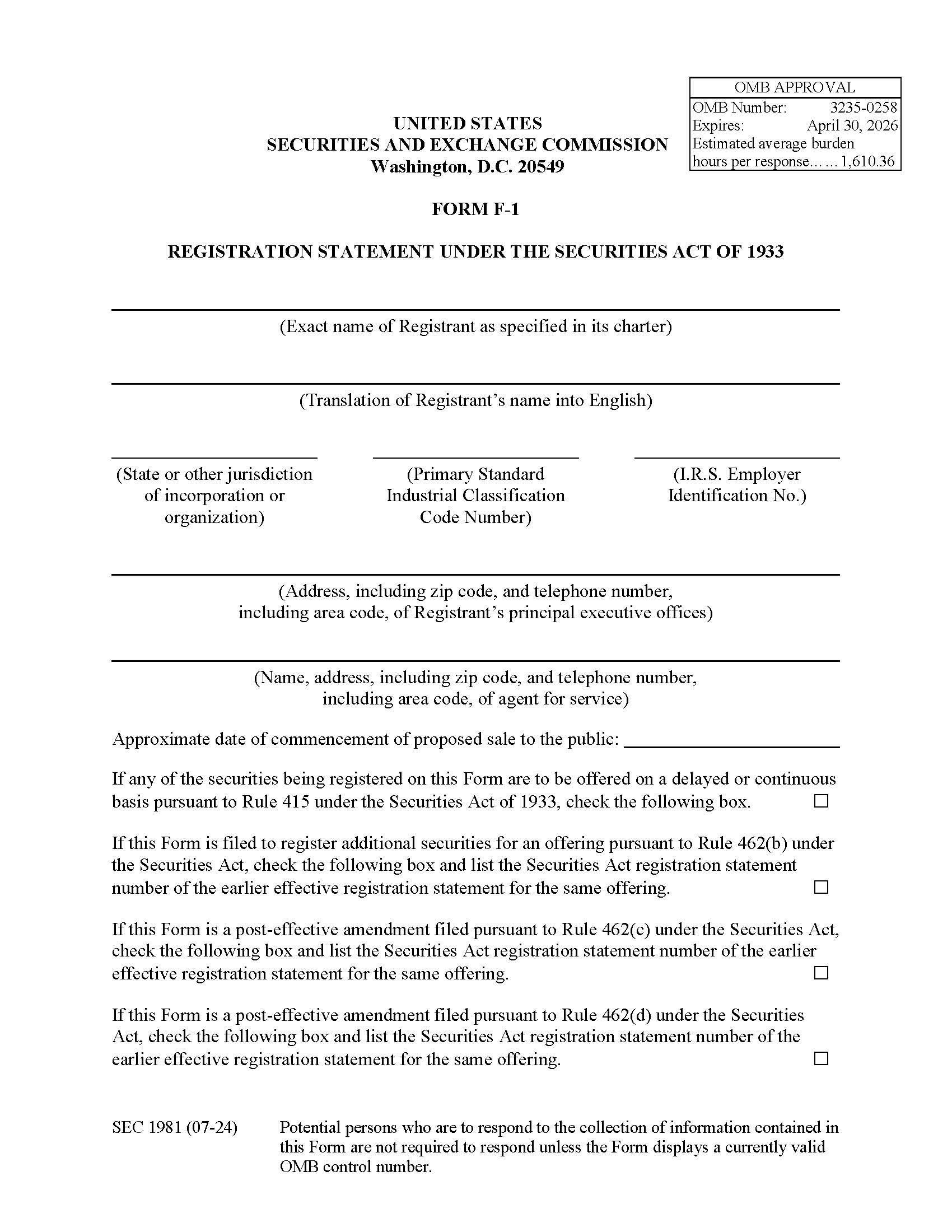 Form F-1 Registration Statement Under The Securities Act Of 1933 (SEC1981) {F-1} | Pdf Fpdf Docx | Official Federal Forms