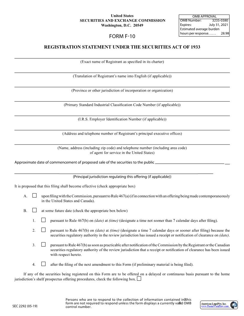 Form F-10 Registration Statement Under The Securities Act Of 1933 (Canadian Issuers) (SEC2292) {F-10} | Pdf Fpdf Docx | Official Federal Forms