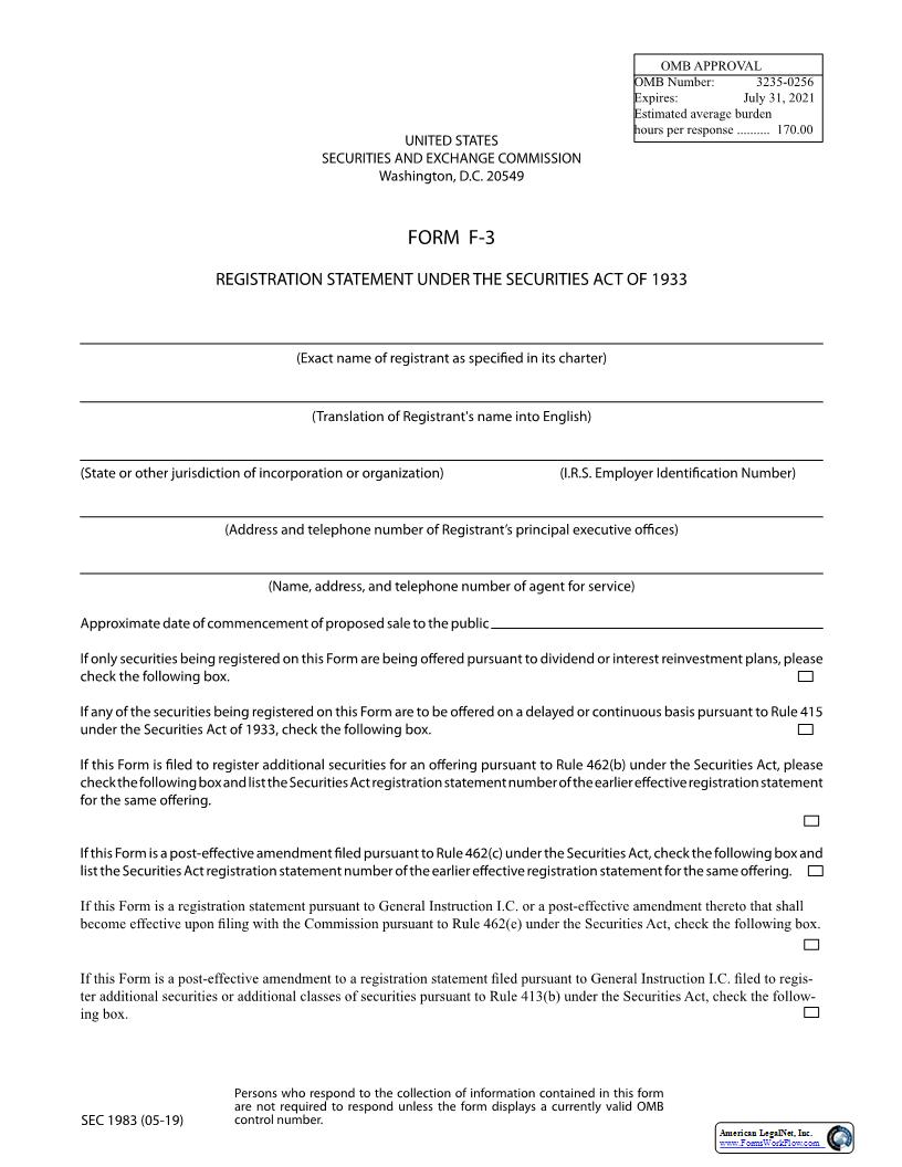 Form F-3 Registration Statement For Securities Act Of 1933 (SEC1983) {F-3} | Pdf Fpdf Docx | Official Federal Forms