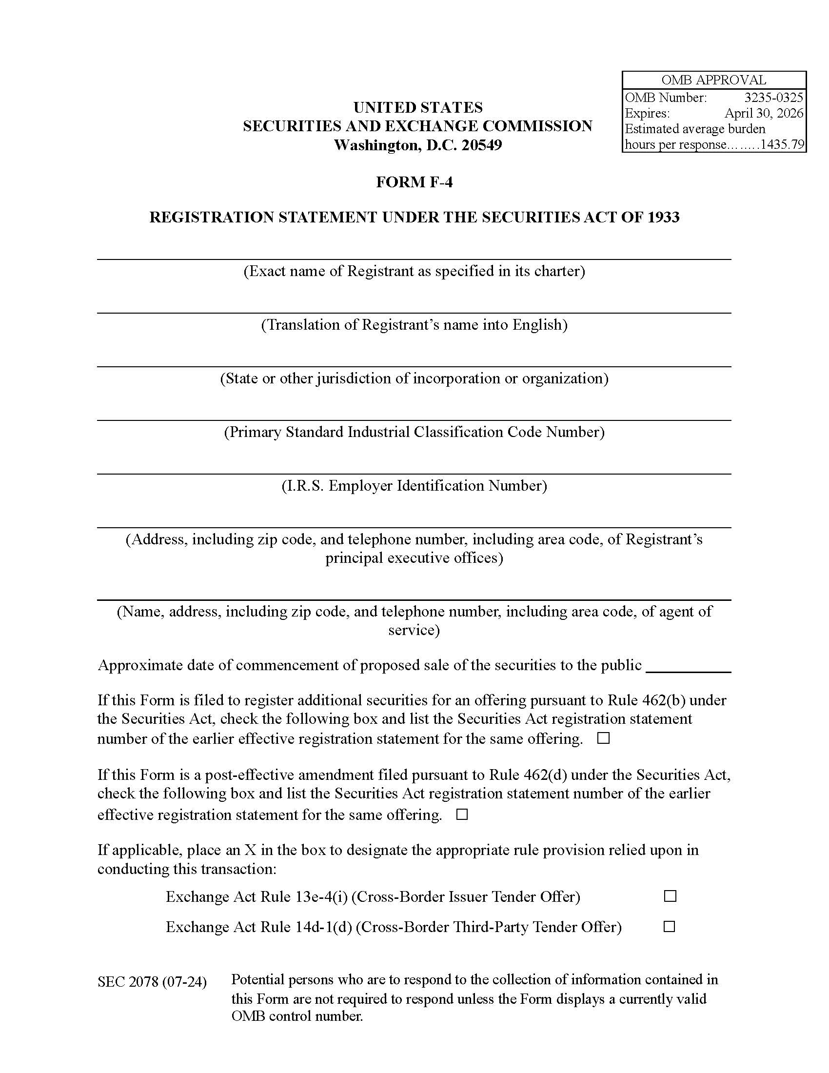 Form F-4 Registration Statement Under The Securities Act Of 1933 (SEC2078) {F-4} | Pdf Fpdf Docx | Official Federal Forms