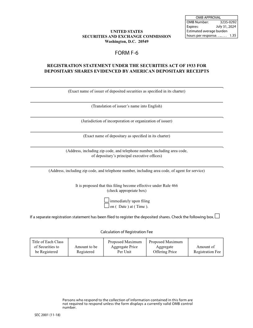 Form F-6 Registration Statement For Depositary Shares Evidenced By American Depository Receipts (SEC2001) {F-6} | Pdf Fpdf Docx | Official Federal Forms