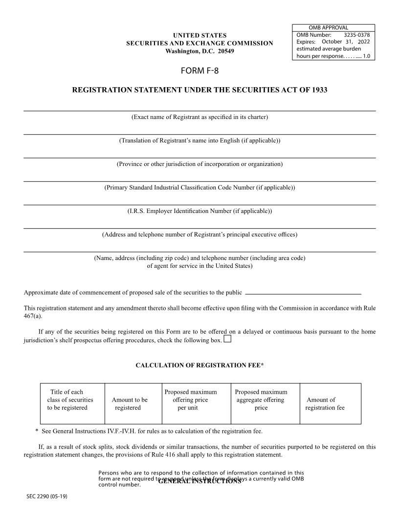 Form F-8 Registration Statement Under The Securities Act Of 1933 (Canadian Issuers) (SEC2290) {F-8} | Pdf Fpdf Docx | Official Federal Forms