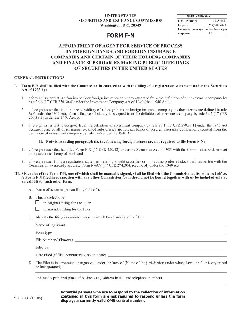 Form F-N Appointment Of Agent For Service Of Process By Foreign Banks (SEC2306) {F-N} | Pdf Fpdf Docx | Official Federal Forms