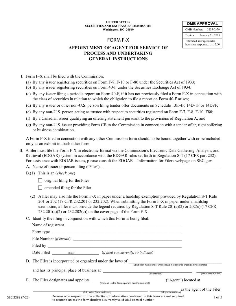 Form F-X Appointment Of Agent For Service Of Process And Undertaking (SEC2288) {F-X} | Pdf Fpdf Docx | Official Federal Forms