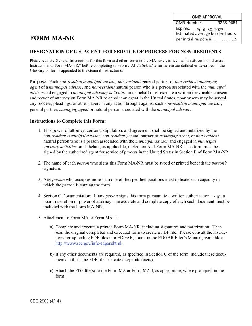 Form MA-NR Designation Of US Agent For Service Of Process (SEC2900) {MA-NR} | Pdf Fpdf Doc Docx | Official Federal Forms